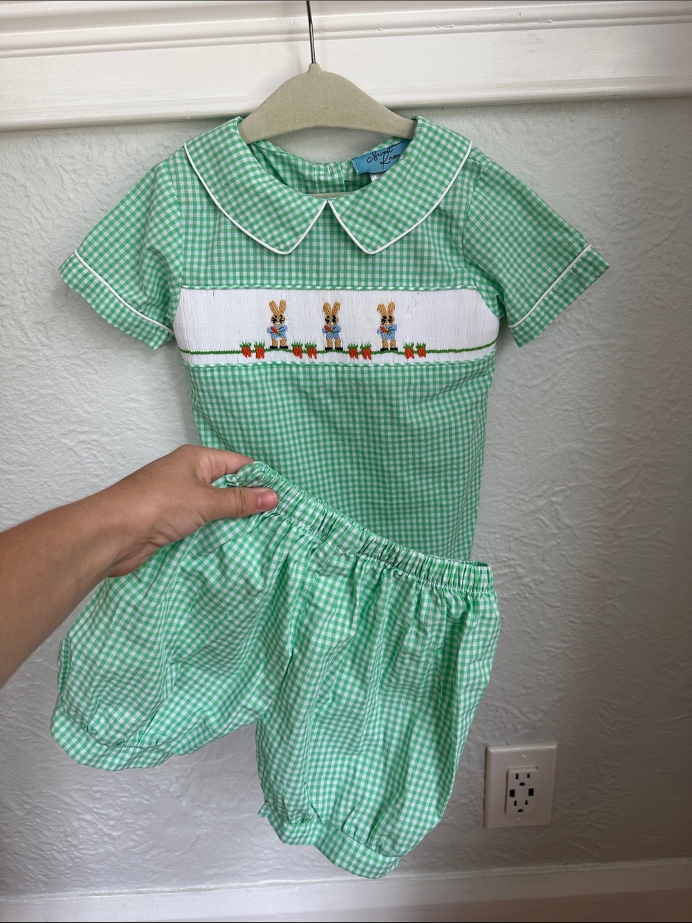 Green Gingham Smocked Kids Matching Set with Bunny Embroidery